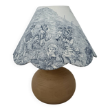 Wooden base lamp with blue toile de Jouy lampshade