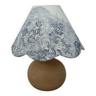 Wooden base lamp with blue toile de Jouy lampshade