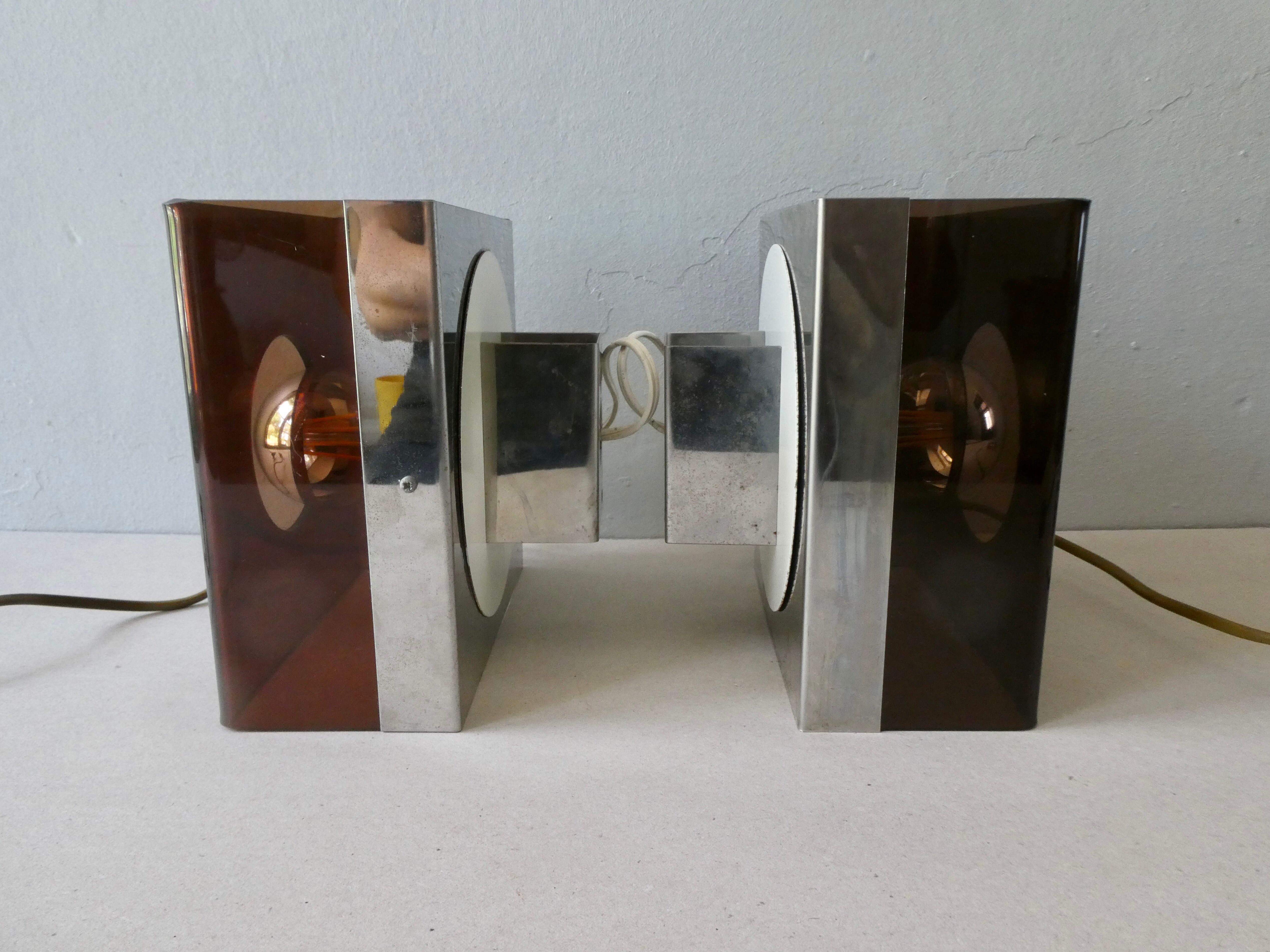 Pair of sconces in smoked Plexiglas by Jocelyne Trocmé model "disco"