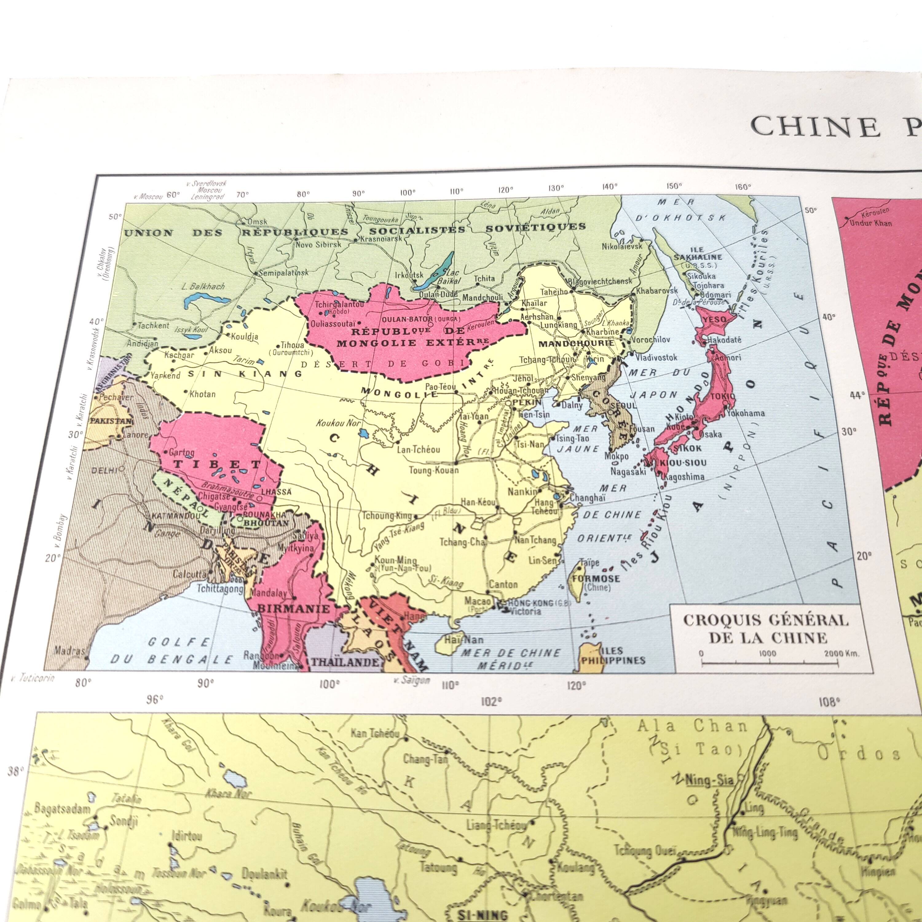 Vintage map Asia China Korea 43x43cm from 1950
