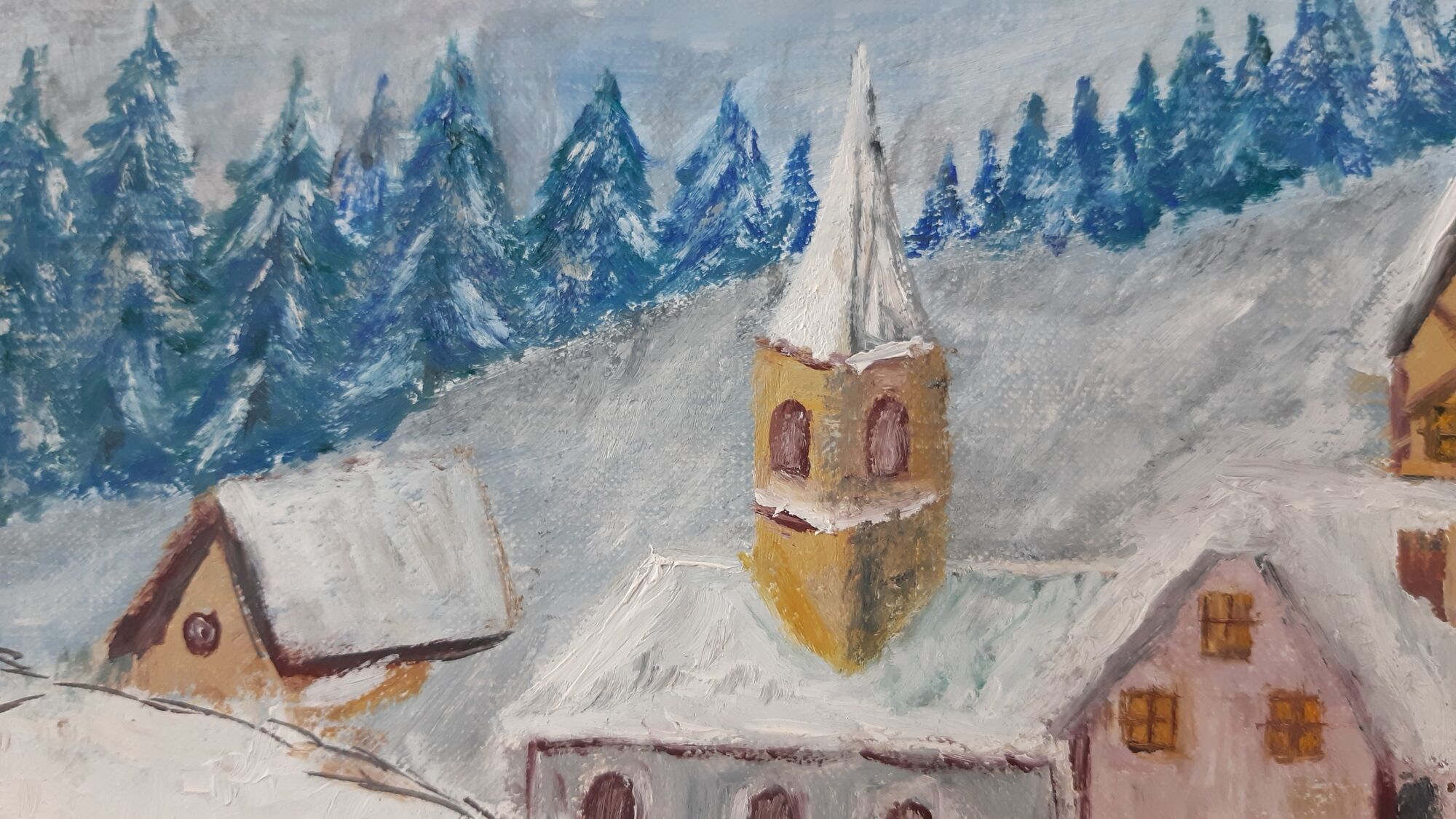 Oil painting on canvas village and landscape winter vintage signed