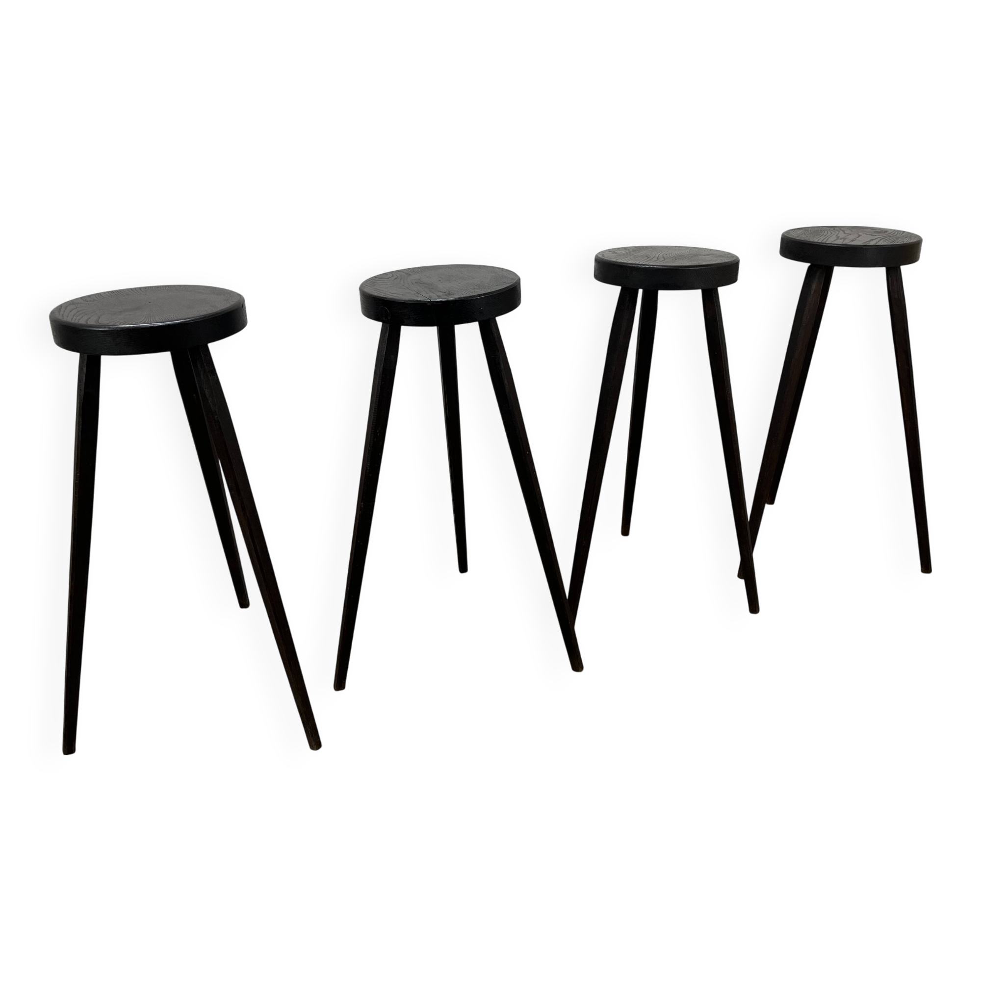 4 brutalist tripod bar stools, solid wood, 1950s