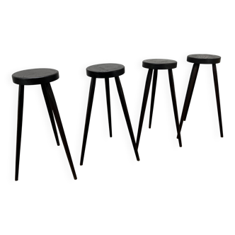 4 tabourets de bar brutalistes tripode, bois massif, années 50