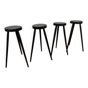 4 brutalist tripod bar stools, solid wood, 1950s