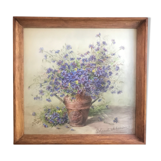 Vase aux bleuets, aquarelle, Blanche Salanson
