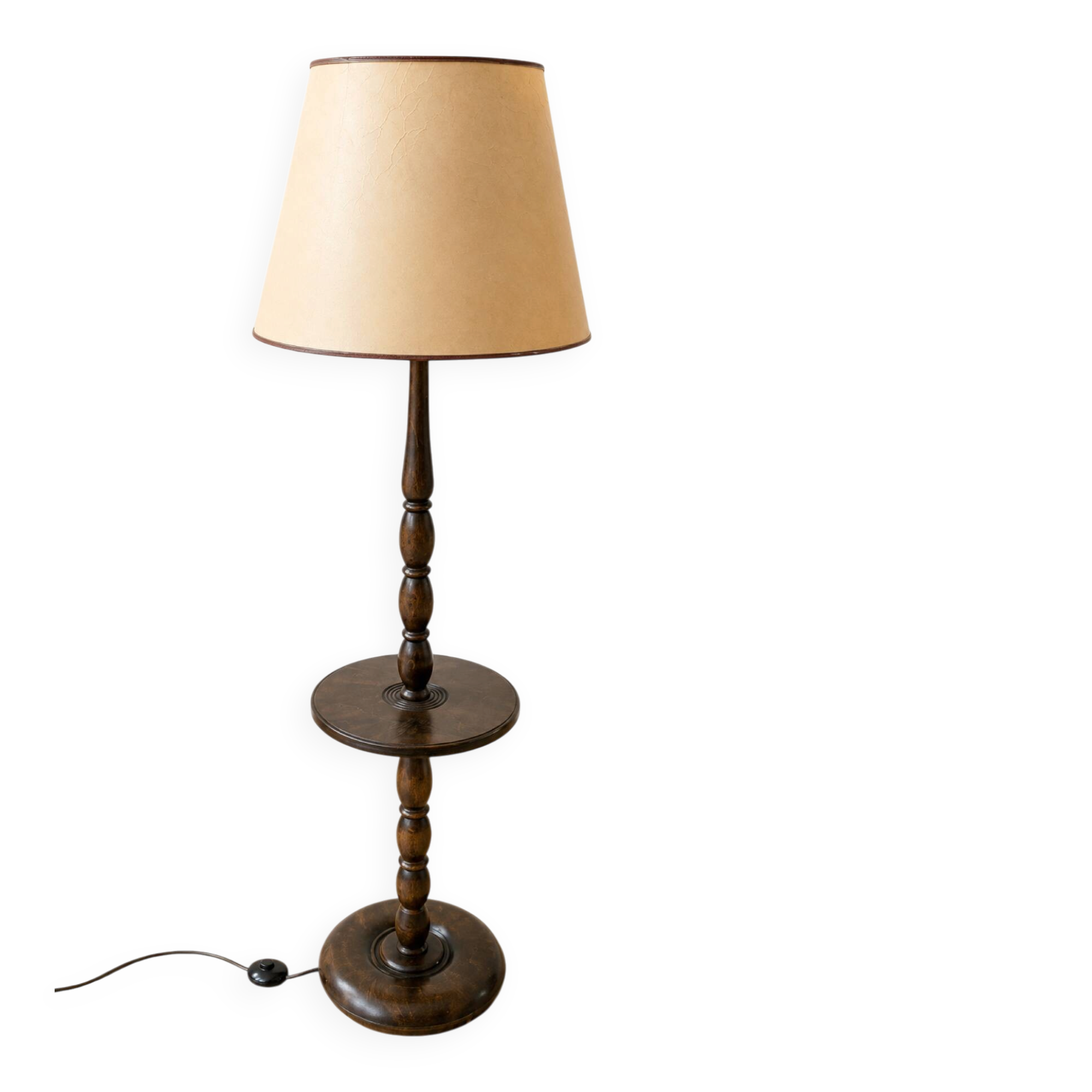 Vintage wooden floor lamp with rotating and leather shade - 1970s