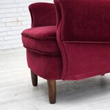 1960s, Danish armchair, cherry-red furniture velour, beech wood legs.