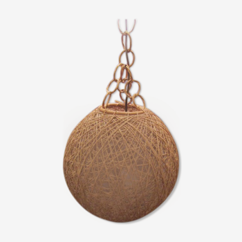 Suspension vintage boule en corde et rotin