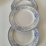 Trio d’assiettes anglaises en faïence fine bleue et blanche, début 20ème