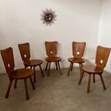 Set of 5 vintage 70s Brutalist design solid wood chairs