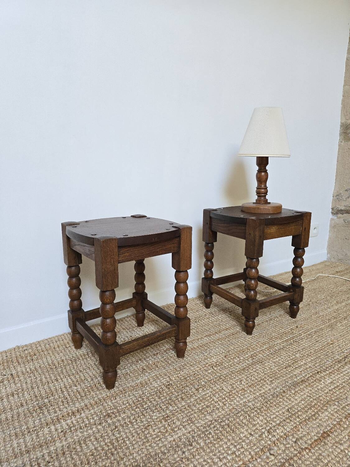 Pair of brutalist stools in turned wood, Charles Dudouyt style, 1950s