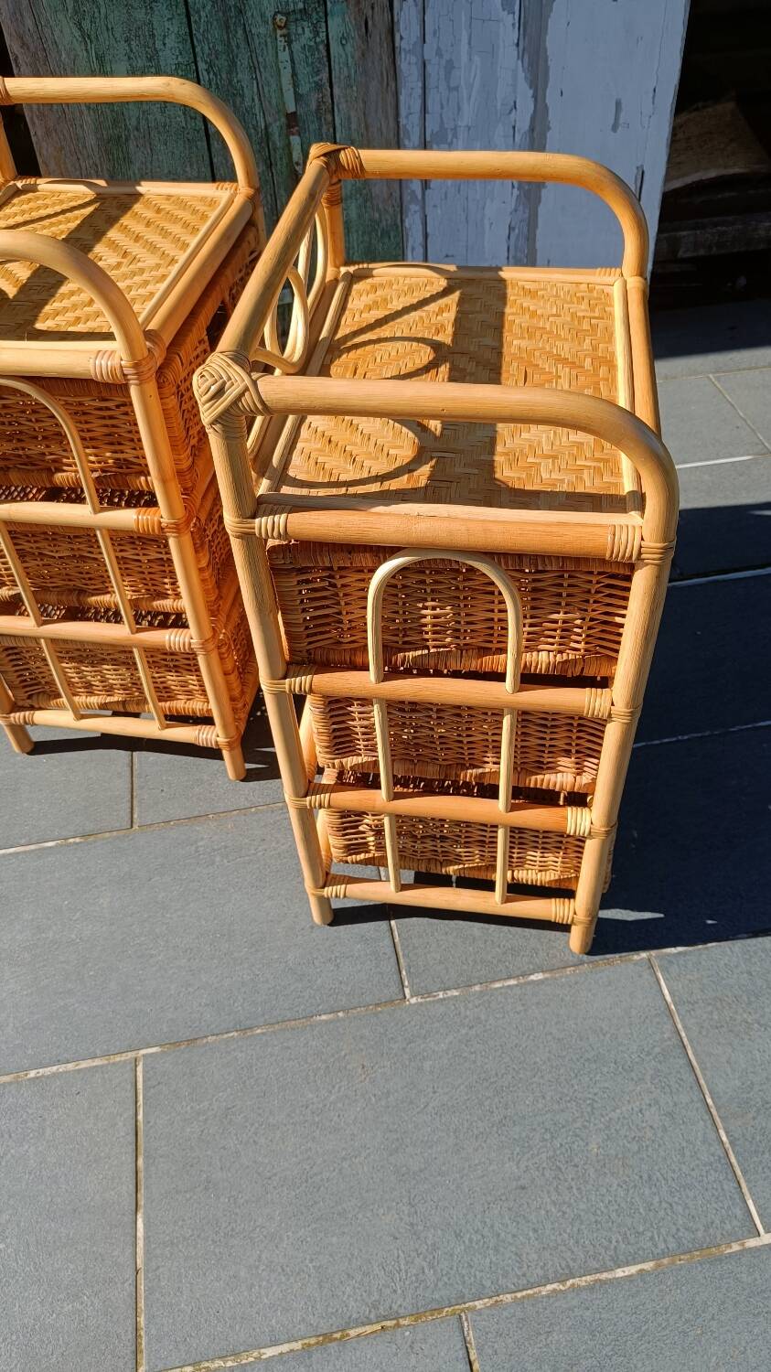 Vintage pair of bedside tables in rattan and cane – bohemian chic style