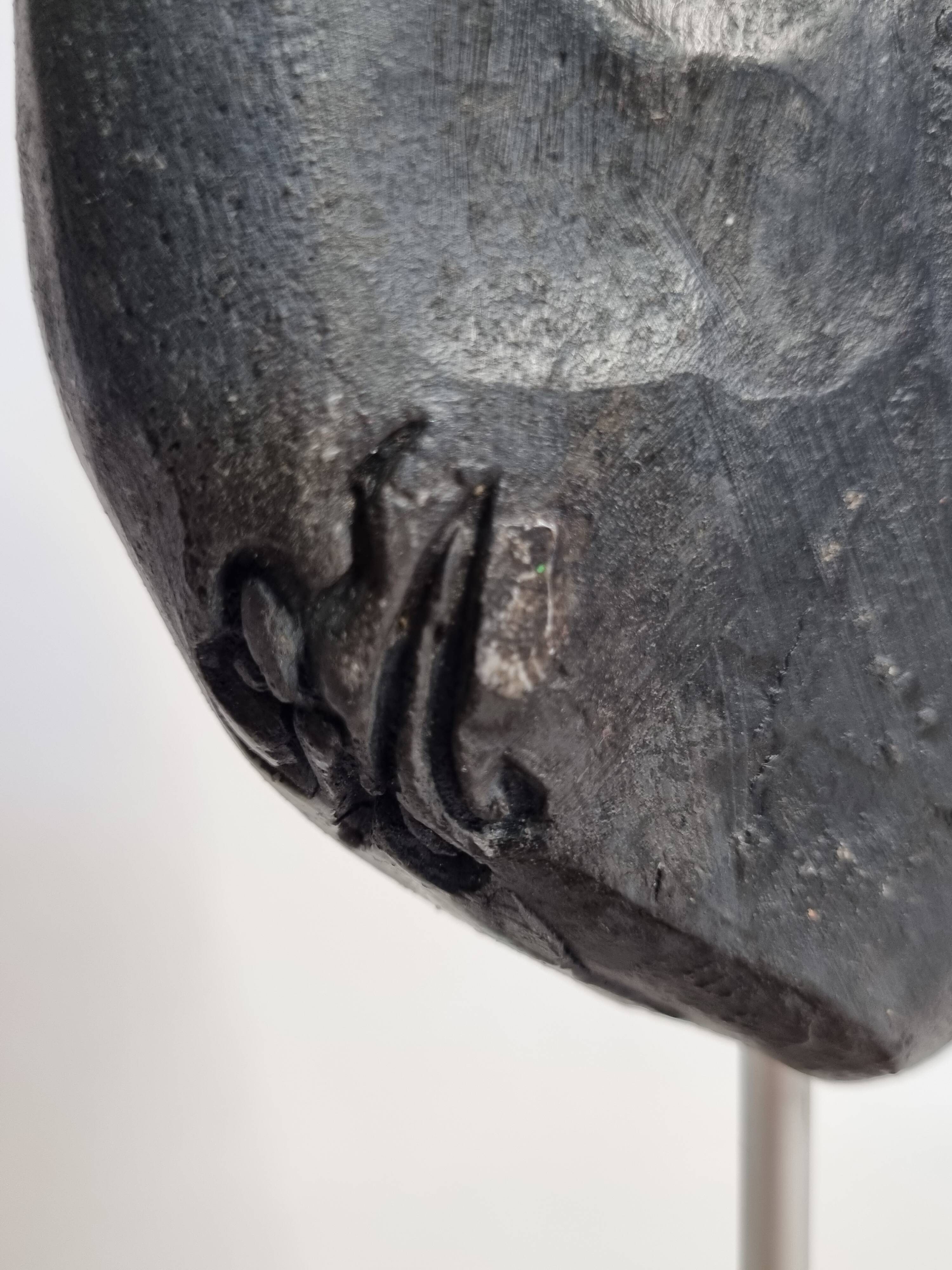 Signed raku ceramic mask on wooden base Contemporary sculpture 30 cm