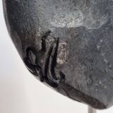 Signed raku ceramic mask on wooden base Contemporary sculpture 30 cm