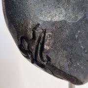 Signed raku ceramic mask on wooden base Contemporary sculpture 30 cm
