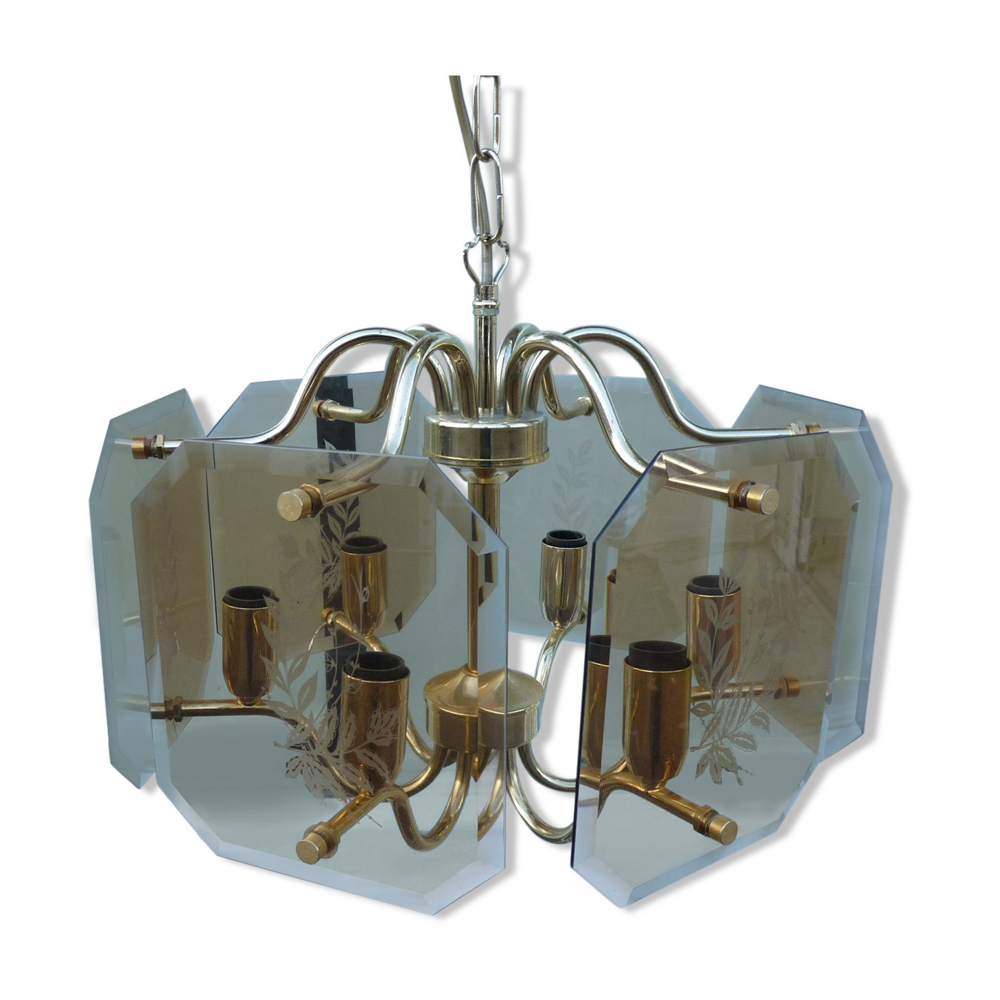 Golden chandelier 6 bevelled smoky glass lights