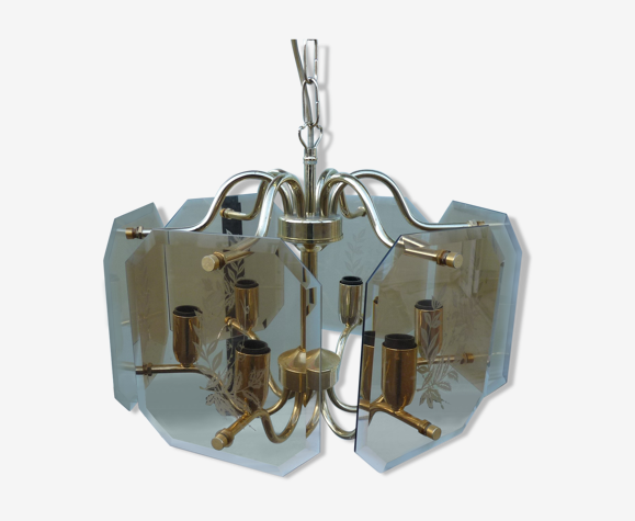 Suspension doré 6 feux verre fumé biseauté