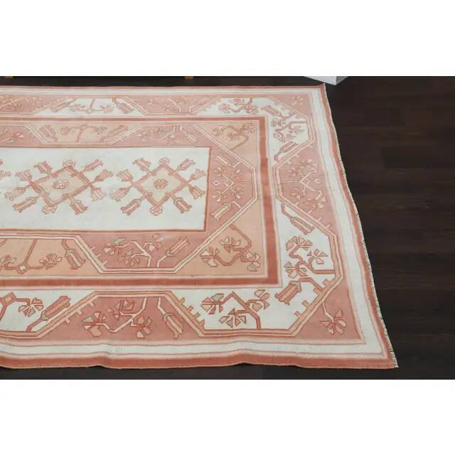 1970s Vintage Turkish Oushak Handmade Wool Cotton Pink Area Rug  168x220