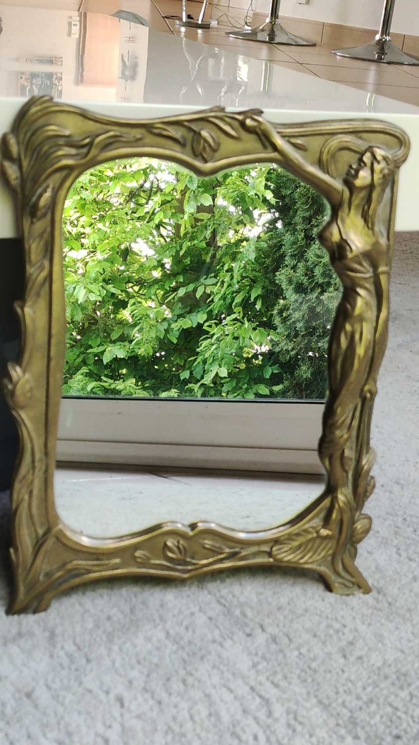 Brass table mirror, art nouveau, lady figurine/foliage, wheat ears