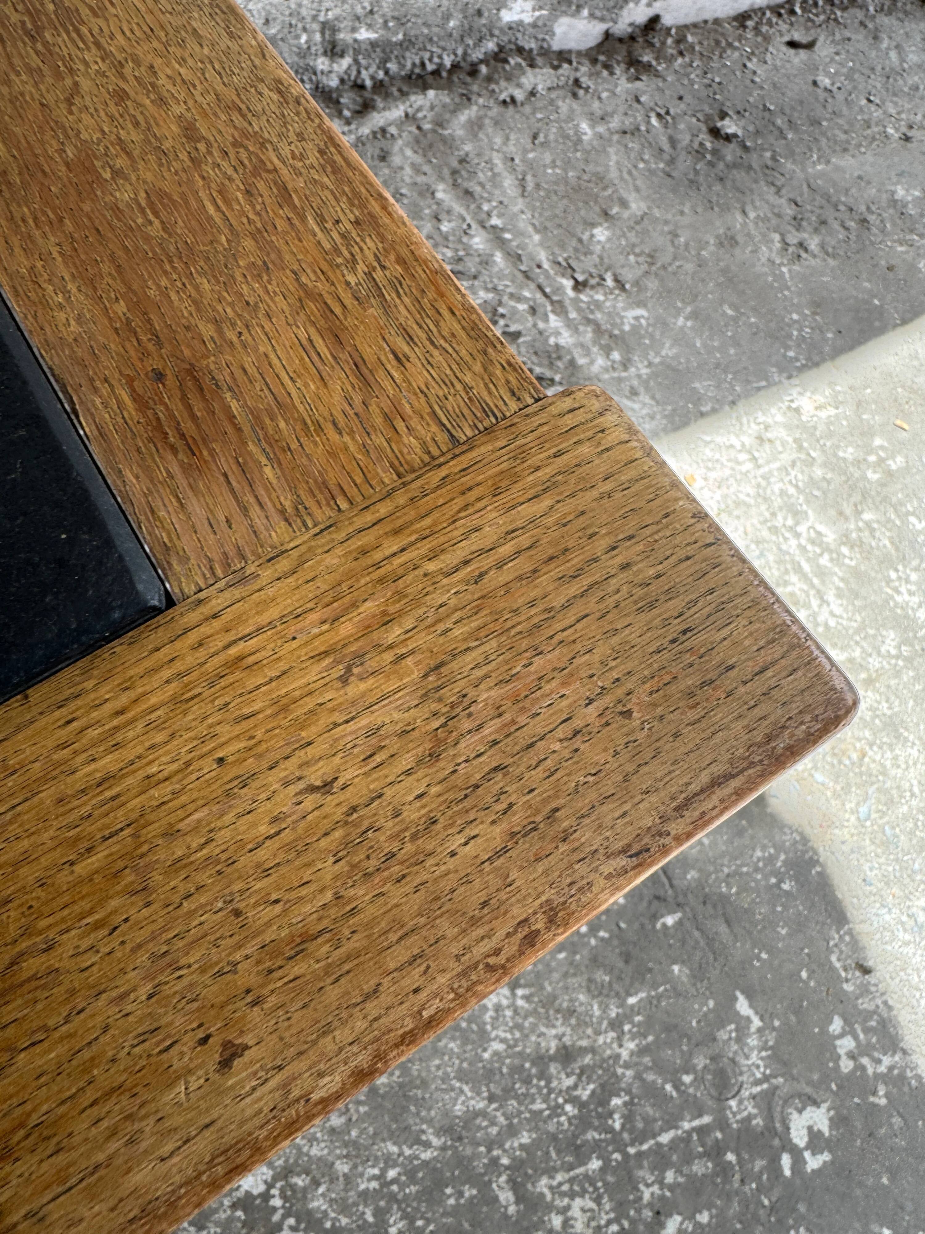 Vintage Oak Coffee Table with Belgian Blue Stone Top — Natural Oak & Dark Slate Grey, 1950s