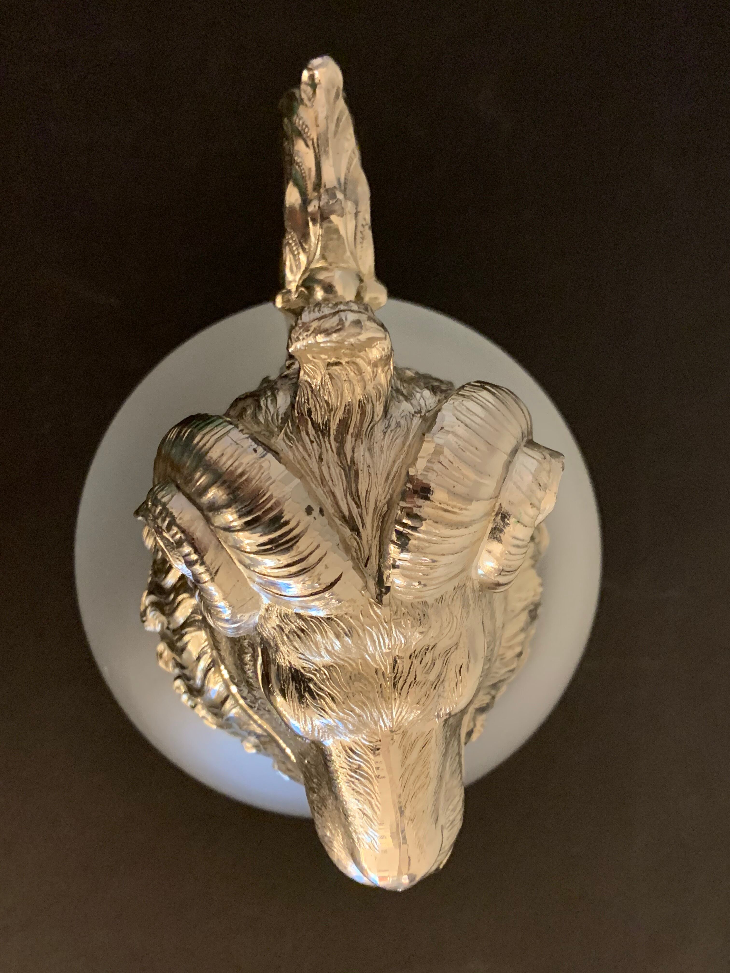 Decanting carafe or frosted glass water broc with silver metal ram head 1970