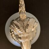 Decanting carafe or frosted glass water broc with silver metal ram head 1970