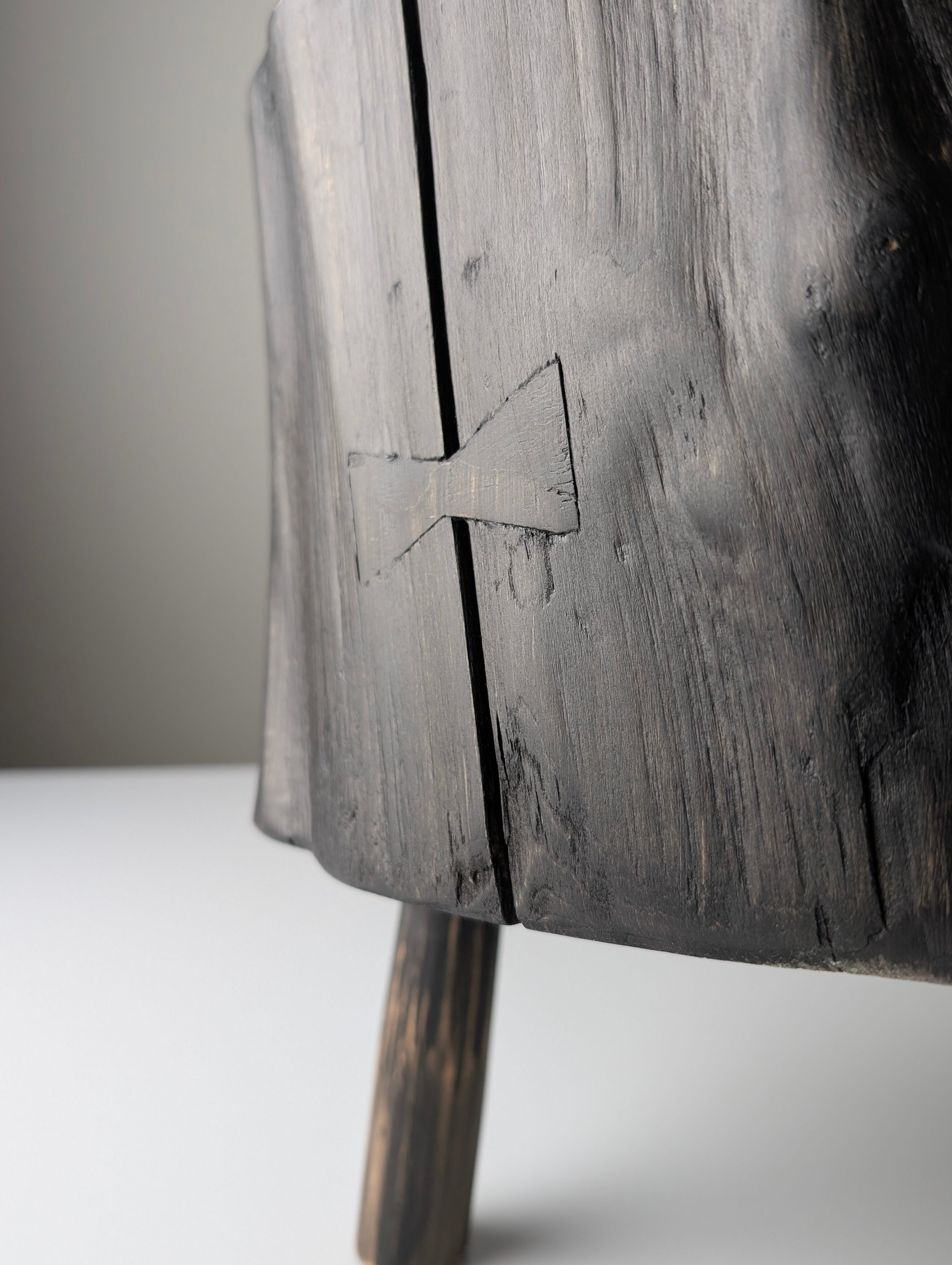 Wabi-Sabi black ebonised wood stool with butterfly joints