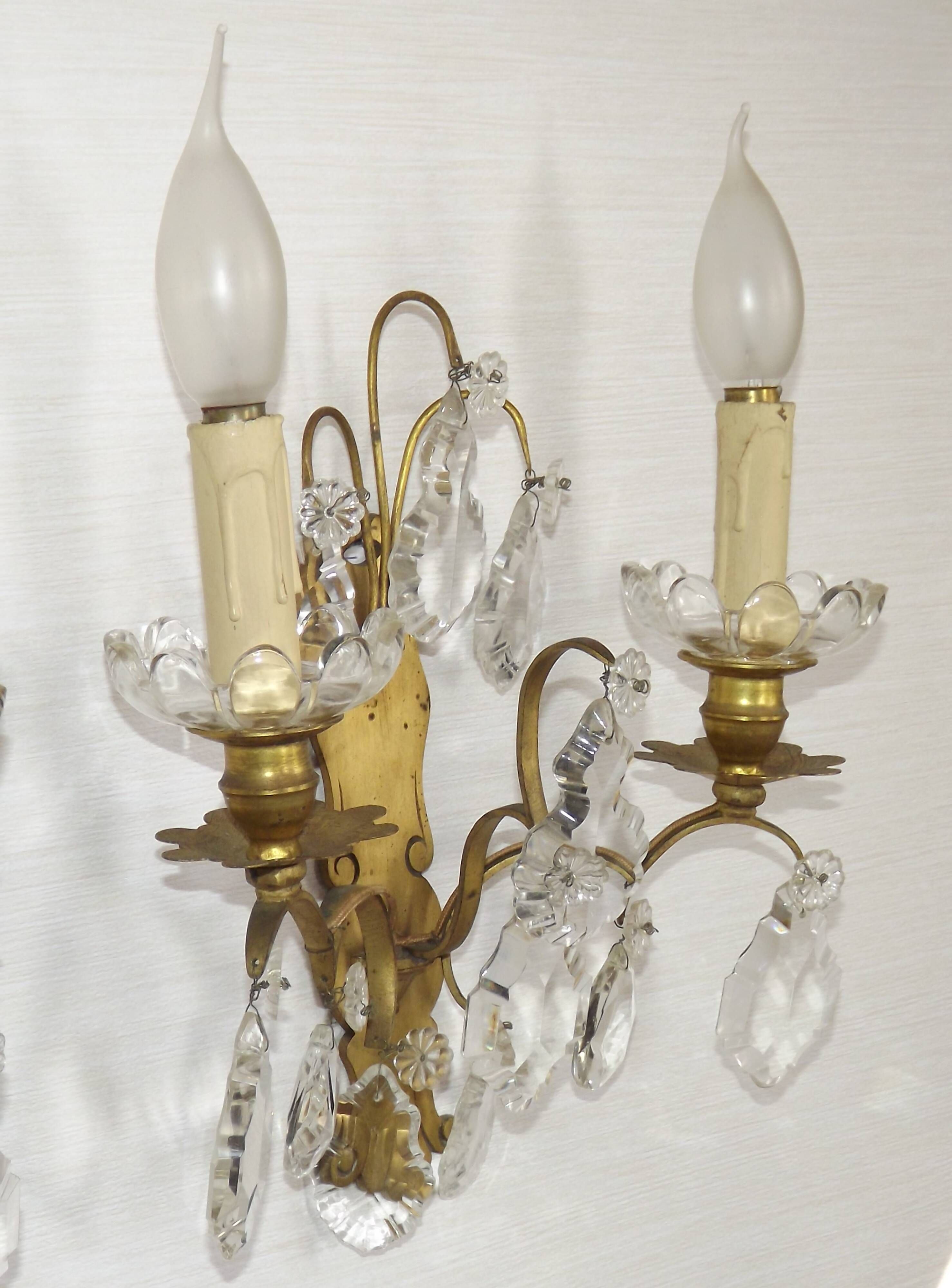 Pair of French Double Brass & Glass Wall Lights Adorned With Crystals
