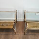 Pair of neoclassical side tables in steel and brass by Maison Jansen.