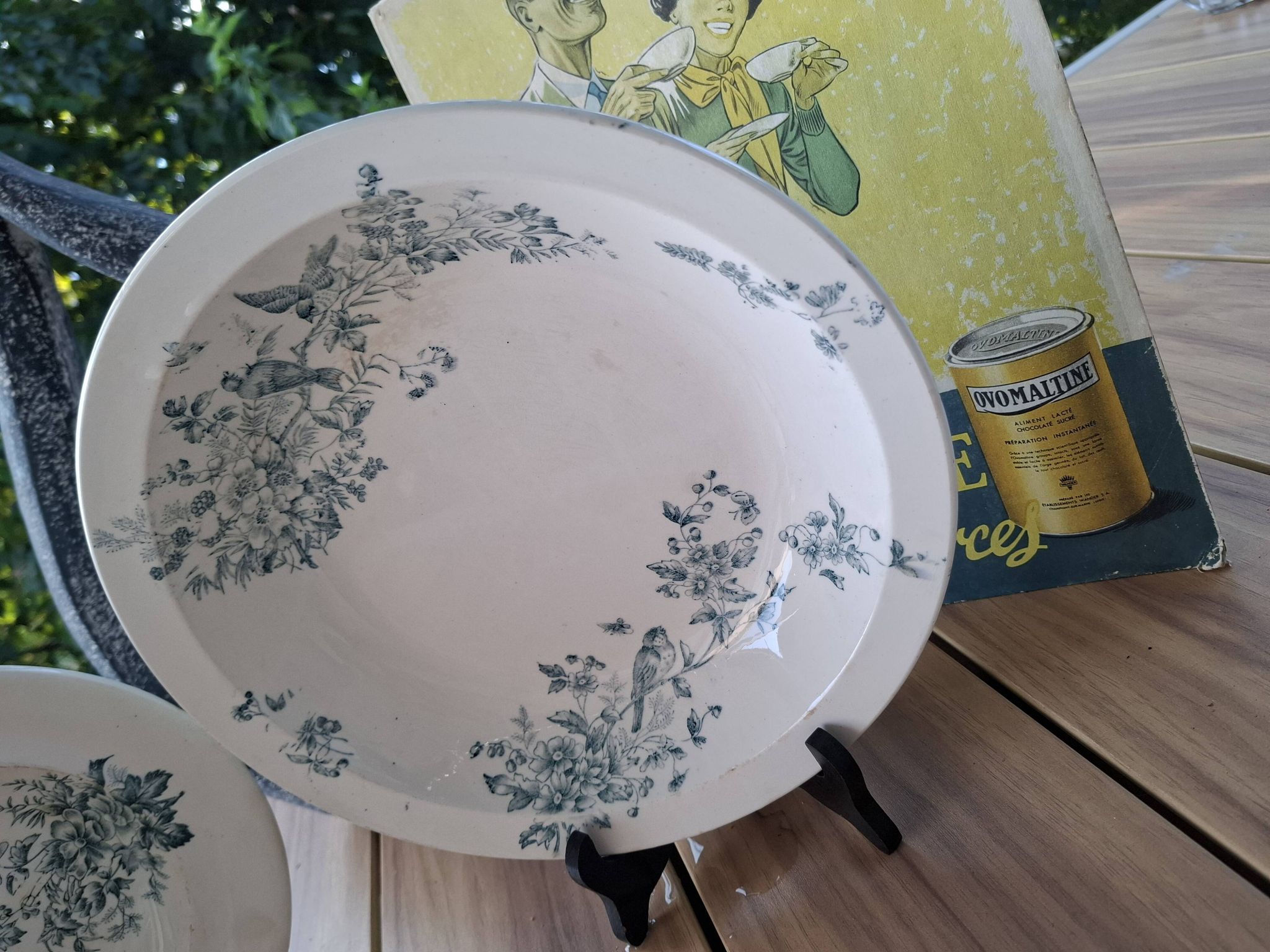 Old set of 2 terre de fer longwy dishes – bird and flower decoration