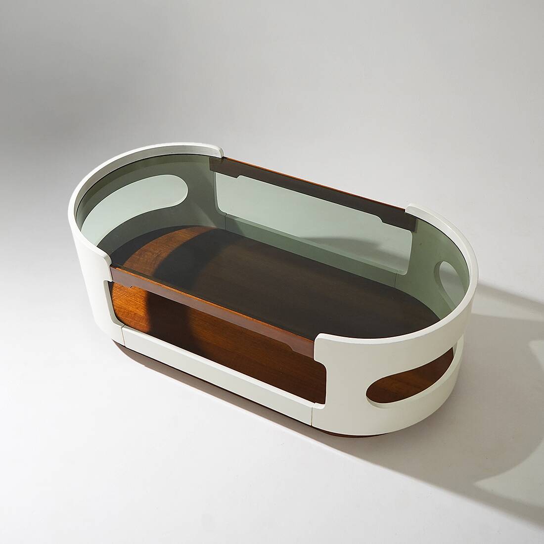 Table basse en bois et en verre de l'ère spatiale, années 1970