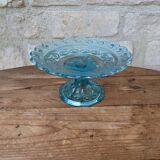 Ancien plat de service compotier sur piédouche en verre bleu