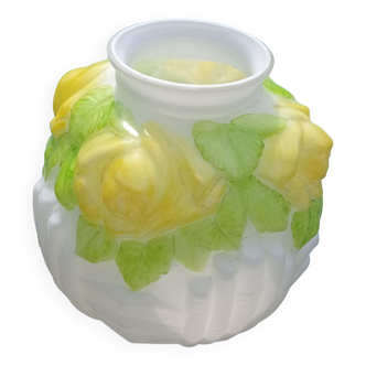 Opaline ball vase with yellow Art Deco flowers