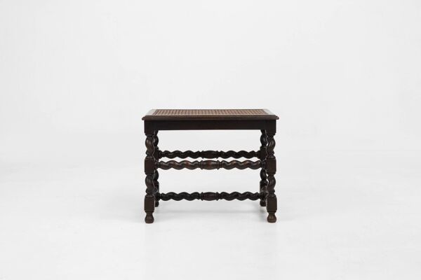 Tabouret ancien français en bois avec plateau en rotin, vers 1880