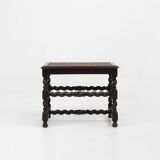 Tabouret ancien français en bois avec plateau en rotin, vers 1880
