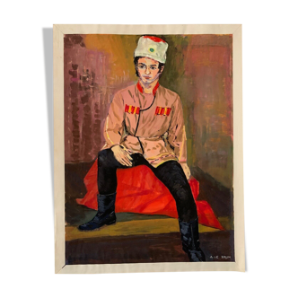 Gouache on paper by a brown man in traditional soviet costume