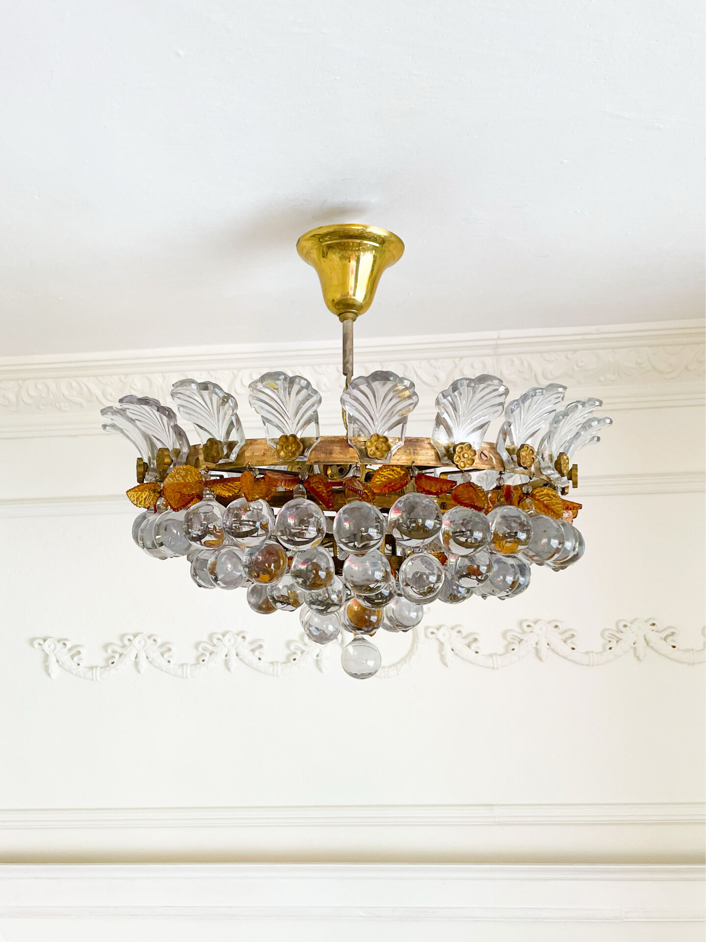 Vintage Murano glass chandelier, solid brass, Spain 1960s.