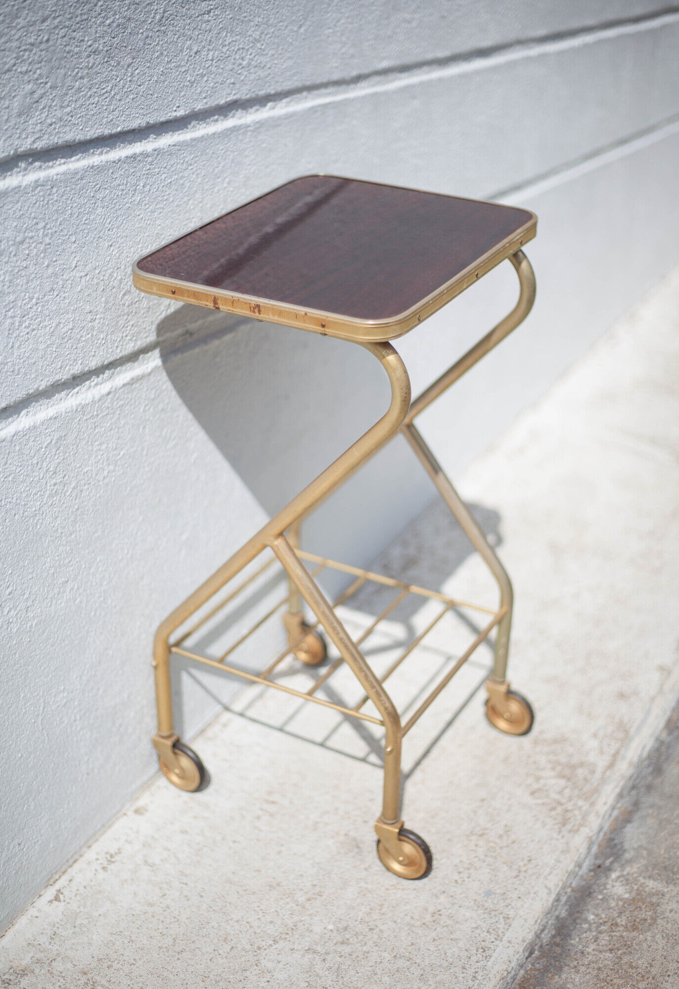 Metal wheeled tray with formica top, vintage wheeled cabinet, vintage side table