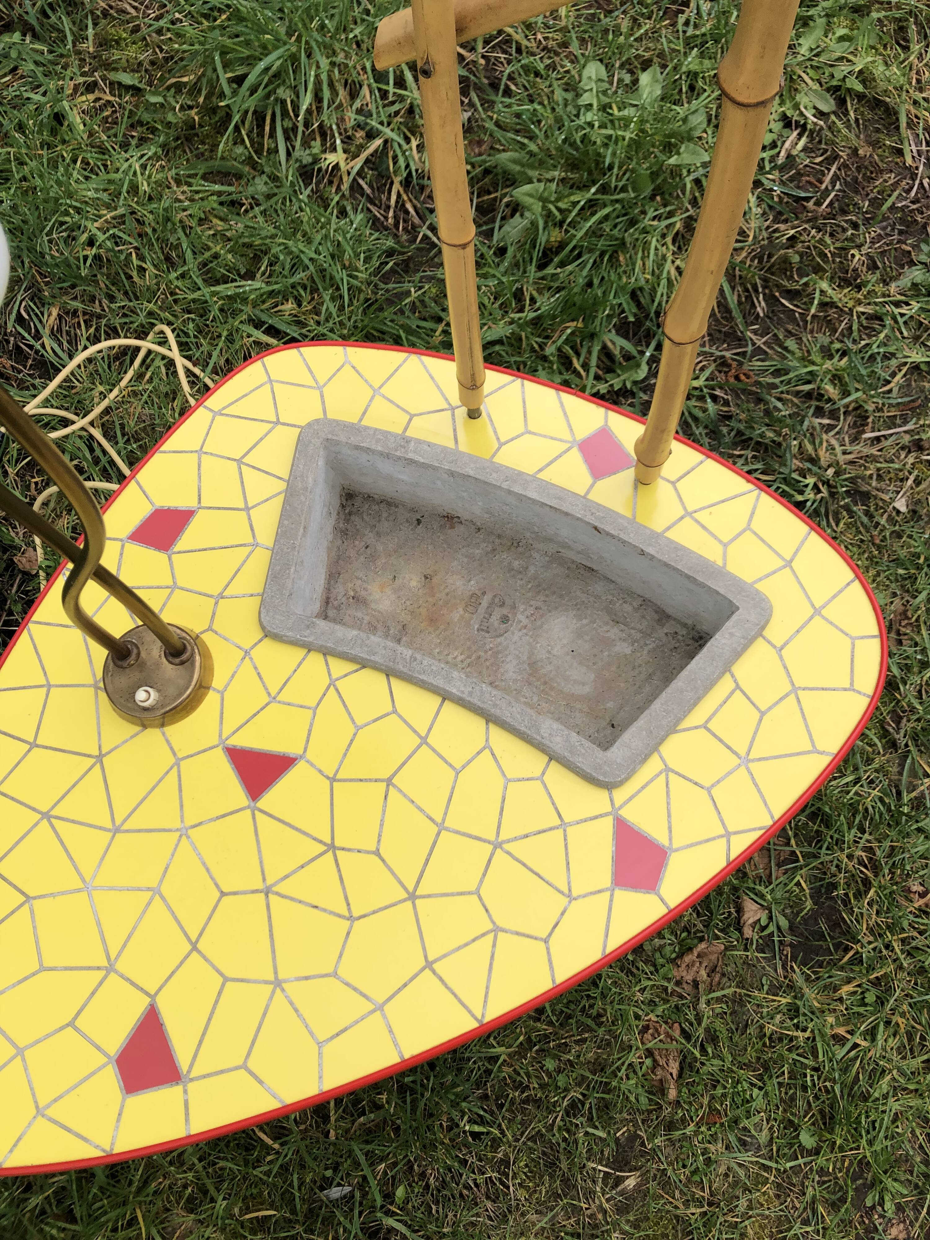 Ceramic mosaic coffee table with planter and light fixture 2 arms 60s