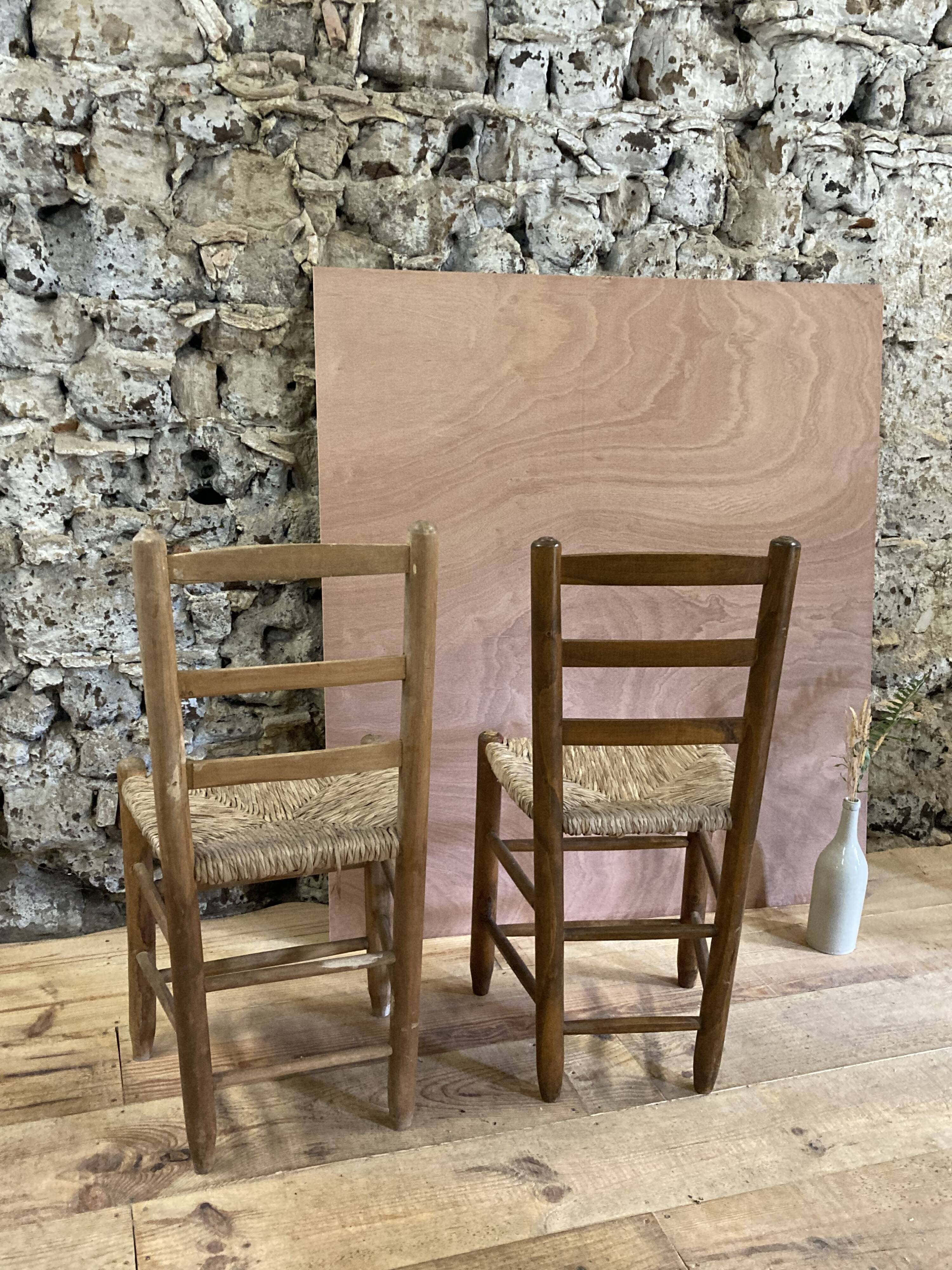 Pair of rustic-style vintage straw wood brutalist chairs