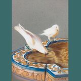 Drawing of pigeons drinking from a fountain. painting of doves. painting of pigeons.