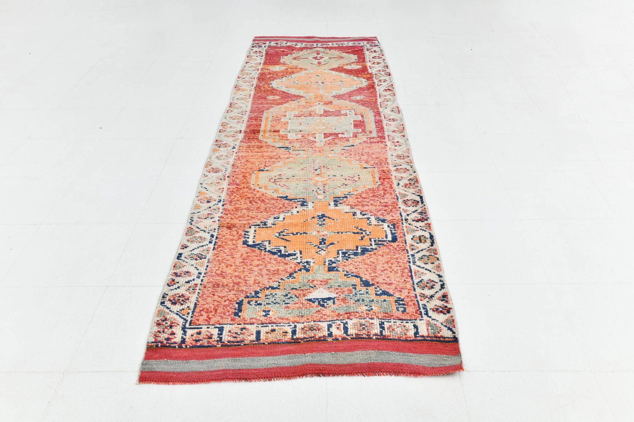 Red & Orange Geometric Pattern Vintage Runner Rug, 102x332Cm