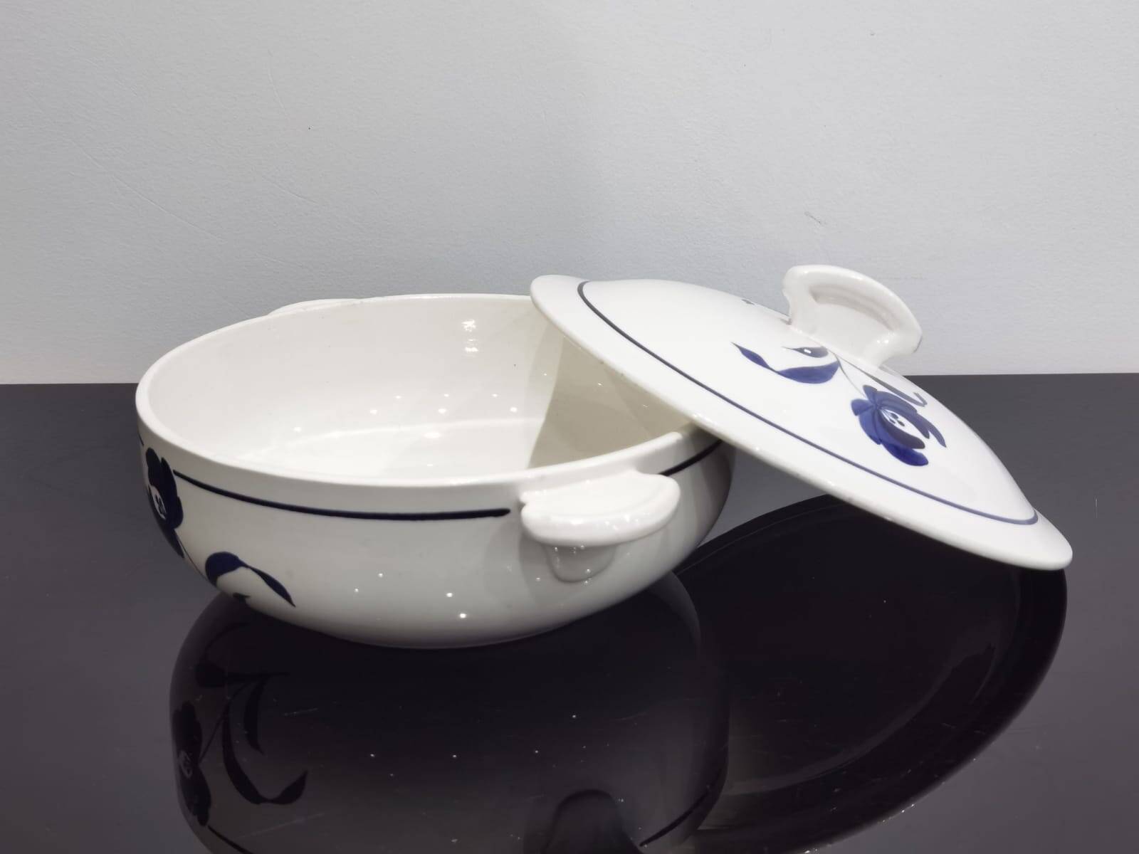 Old earthenware tureen with blue flower, Moulin des loups and hamage France, model