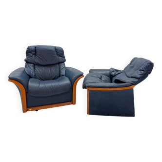 Ekornes Stressless — Pair of Adjustable Swivel Armchairs — Blue Leather