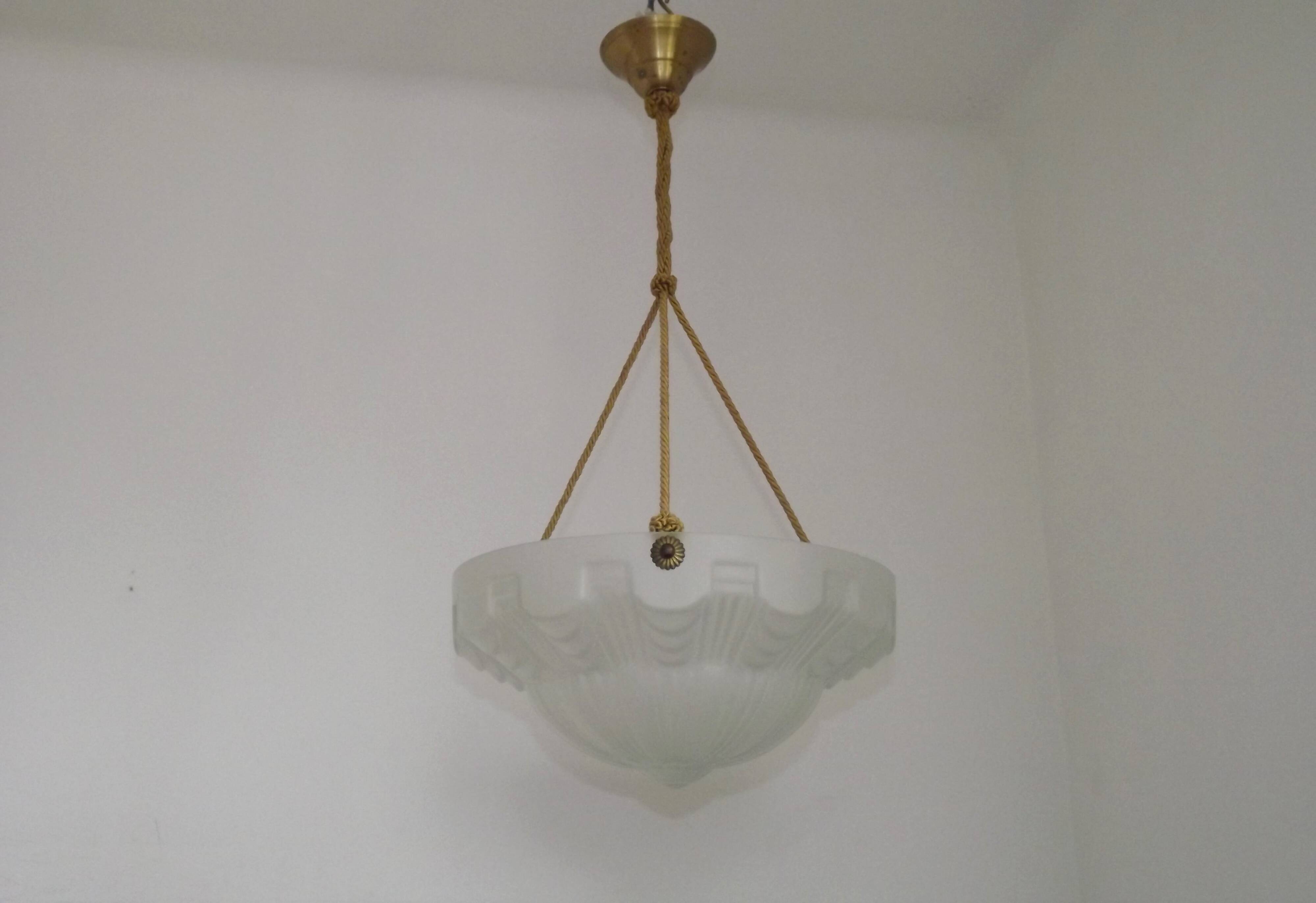 Vintage French 1930s Art Deco Gometric White Glass Ceiling Light