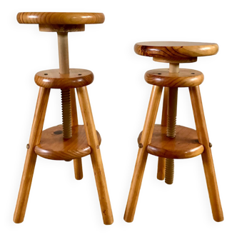 pair of adjustable architect stools pine style 60s