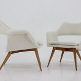 Pair of miroslav navratil shell lounge chairs in sheepskin fabric, czechoslovakia, 1960