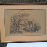 Old pencil drawing, thatched cottage in a grove, late 19th century