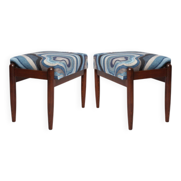 Set of two GFM stools in blue linen, mid-century style, Edmund Homa, Europe, 1960s.