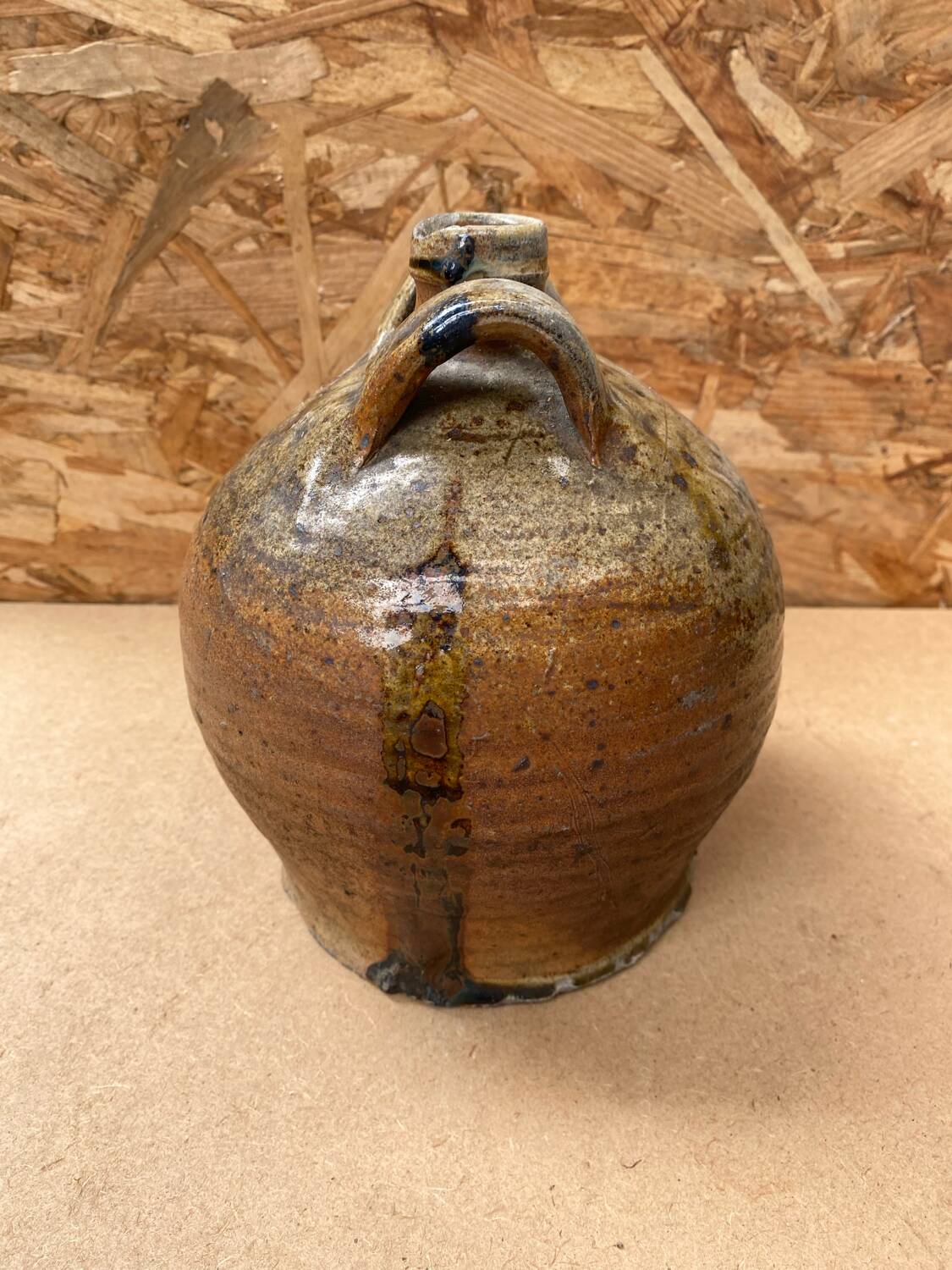 Antique oil jug jar double handle glazed stoneware grey vintage